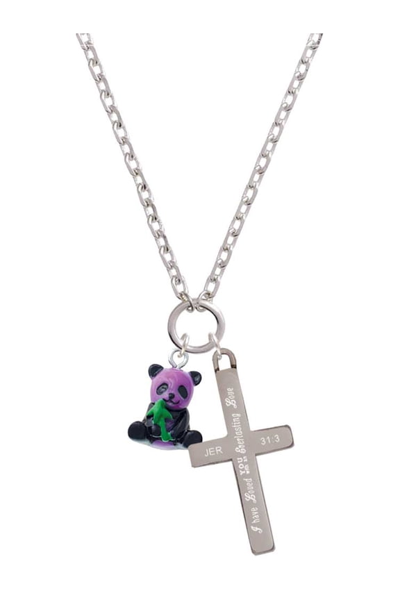 Resin Purple Panda Bear Everlasting Love Engraved Cross Zoey Necklace, 28"