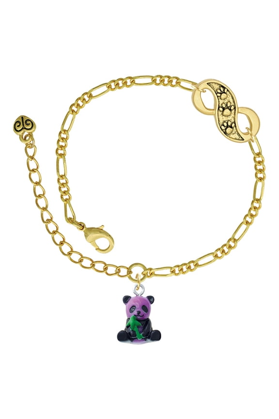Resin Purple Panda Bear Gold-tone Paw Infinity Link Chain Bracelet, 6"+2" Extender