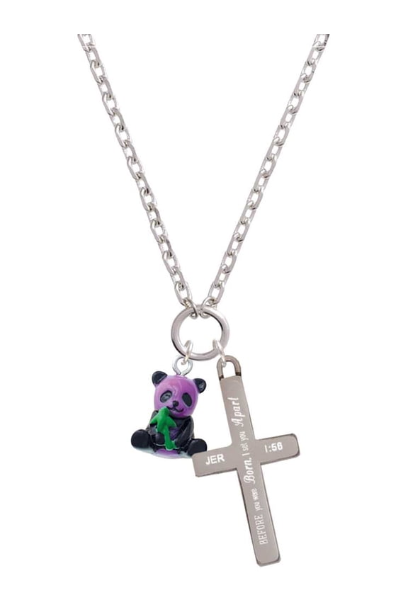 Resin Purple Panda Bear I Set You Apart Engraved Cross Zoey Necklace, 28"