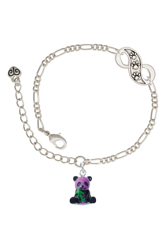 Resin Purple Panda Bear Silver-tone Paw Infinity Link Chain Bracelet, 6"+2" Extender