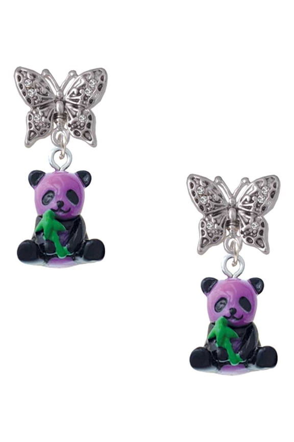 Resin Purple Panda Bear Silvertone Antiqued Butterfly Post Earrings