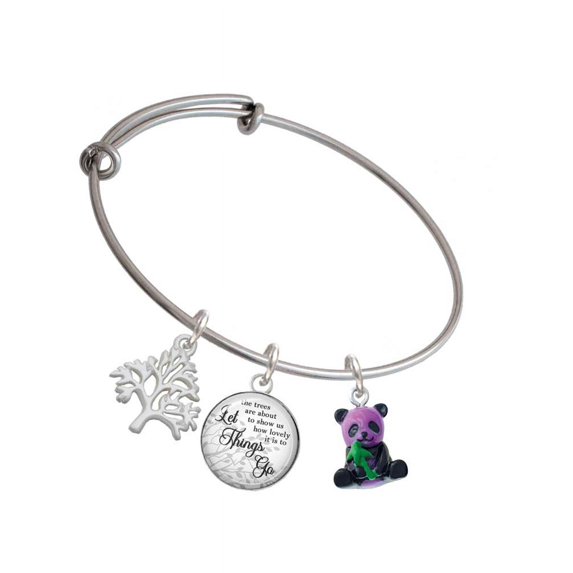 Delight Jewelry Resin Purple Panda Bear Silvertone Let Things Go Tree Charm Bangle Bracelet