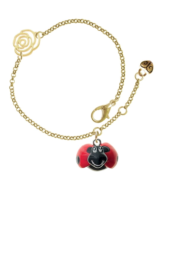 Resin Red & Black Ladybug Sweetie Gold-tone Rose Link Chain Bracelet, 6.25"+1.75" Extender