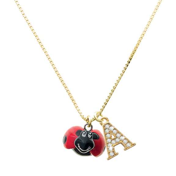 Delight Jewelry Resin Red & Black Ladybug Sweetie - Large Goldtone Crystal Initial - A - Charm Necklace, 17.5"+2"