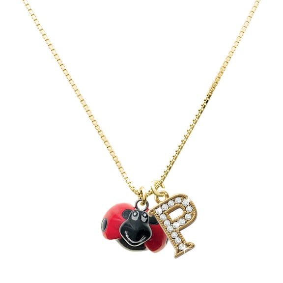 Delight Jewelry Resin Red & Black Ladybug Sweetie - Large Goldtone Crystal Initial - P - Charm Necklace, 17.5"+2"