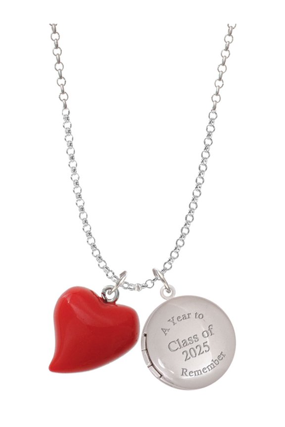 Resin Red Puffy Heart - Class of 2025 Year to Remember Locket Charm Necklace, 19+2" Extender