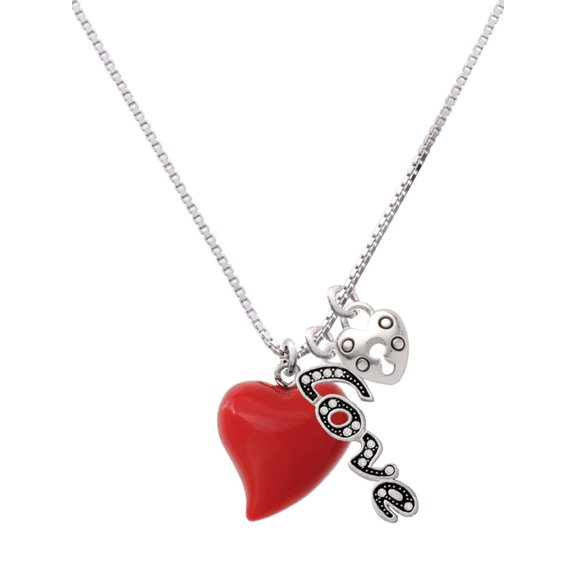 Delight Jewelry Resin Red Puffy Heart - Love and Lock Charm Necklace, 18"+1"
