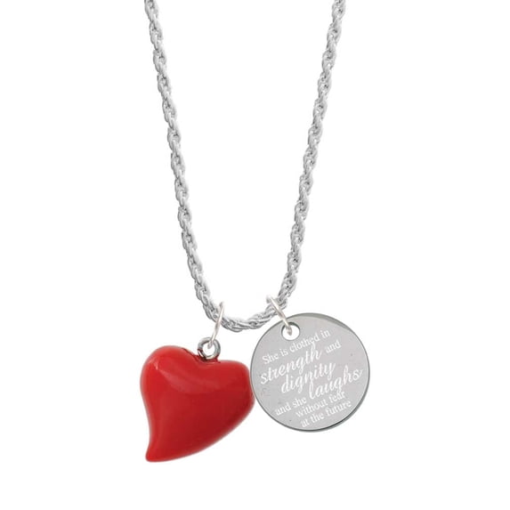 Delight Jewelry Resin Red Puffy Heart She is Clothed in Stength and Dignity Charm Necklace, 20"+3"