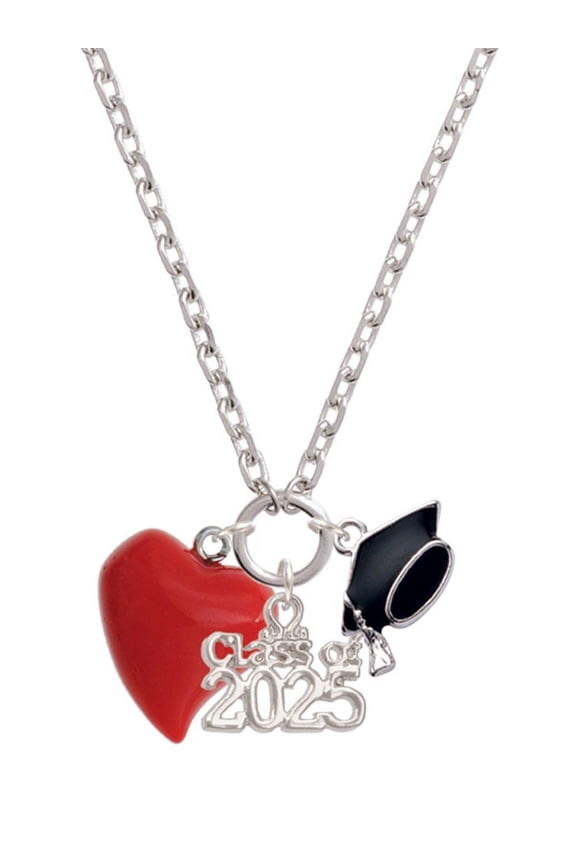 Resin Red Puffy Heart - Silver-tone Class of 2025 Graduation Zoey Necklace, 28"