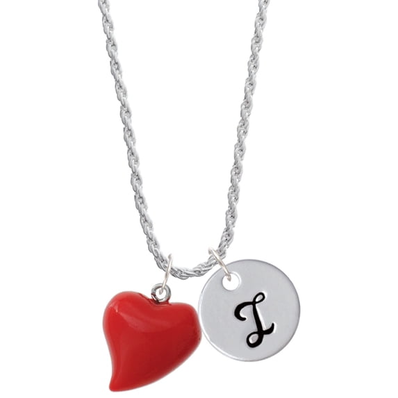 Delight Jewelry Resin Red Puffy Heart Silvertone Script Initial Disc - I - Charm Necklace, 20"+3"