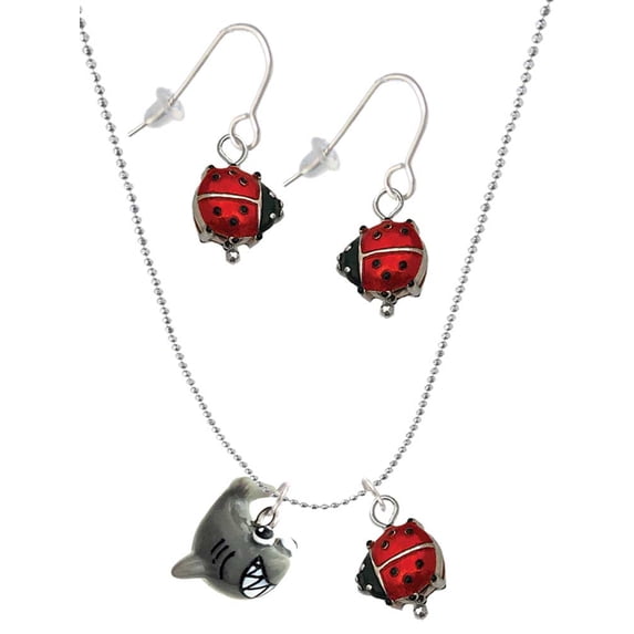 Delight Jewelry Resin Shark Red Lucky Ladybug Necklace and Dangle Earrings Set