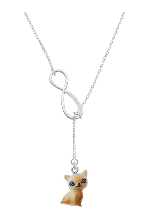 Resin Siamese Cat Silver tone Elegant Infinity Lariat Necklace