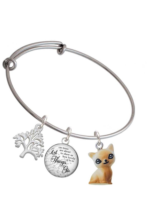 Resin Siamese Cat Silvertone Let Things Go Tree Charm Bangle Bracelet