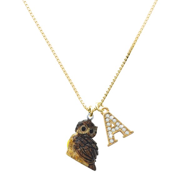 Delight Jewelry Resin Sitting Owl - Large Goldtone Crystal Initial - A - Charm Necklace, 17.5"+2"