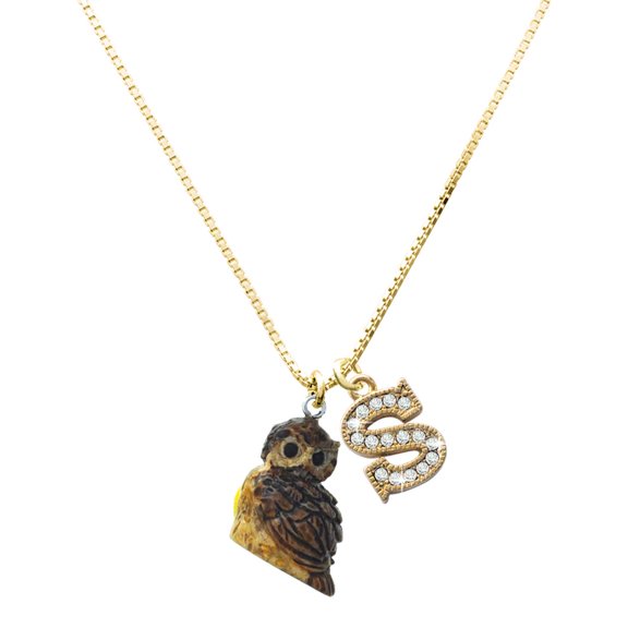 Delight Jewelry Resin Sitting Owl - Large Goldtone Crystal Initial - S - Charm Necklace, 17.5"+2"
