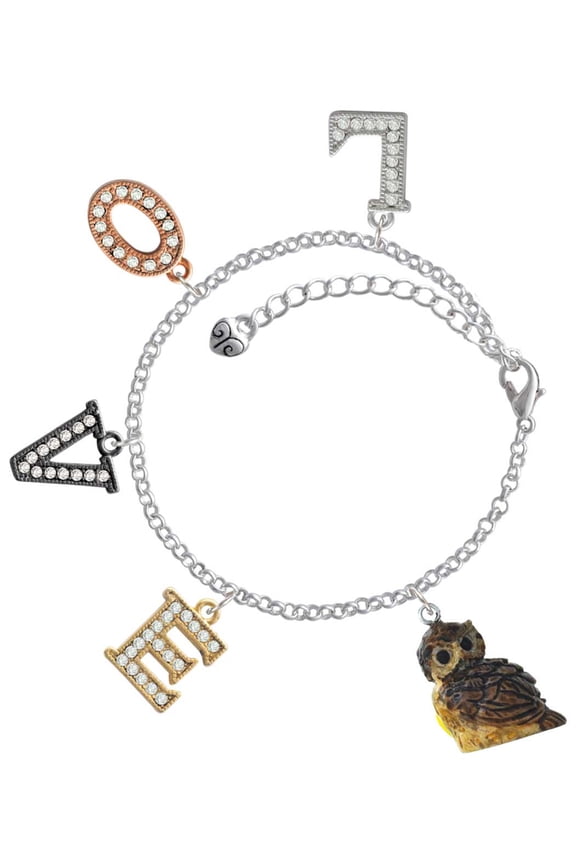 Resin Sitting Owl Multi-Colored Crystal Love Charm Bracelet