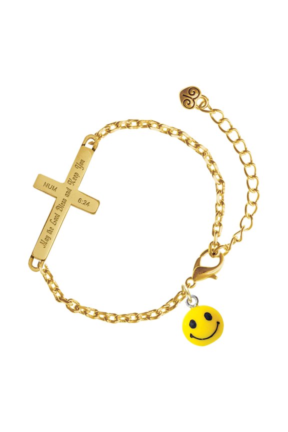 Resin Small 3-D Happy Face - Gold Tone Numbers 6:24 May the Lord Bless You Engraved Cross Charm Bracelet, 6.5+1.5" Extender