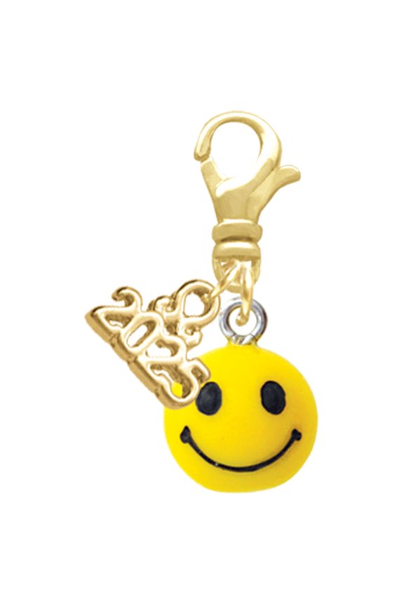 Resin Small 3-D Happy Face - Gold-tone Clip on Charm with Mini Year 2025