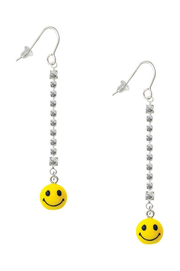 Resin Small 3-D Happy Face - Silver-tone Long Sparkle Dangle French Earrings