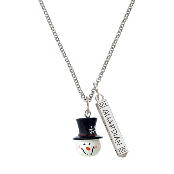 Delight Jewelry Resin Snowman Head with Top Hat Silvertone Guardian Angel Bar Charm Necklace, 23"