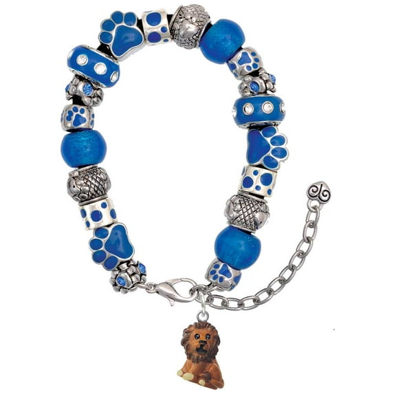 Delight Jewelry Resin Tan Lion Blue Paw Print Bead Bracelet, 7"+2"