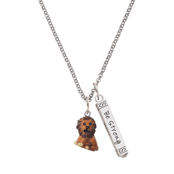Delight Jewelry Resin Tan Lion Silvertone Be Strong and Courageous Bar Charm Necklace, 23"