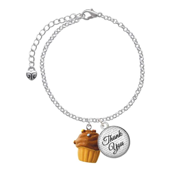 Delight Jewelry Resin Vanilla Cupcake with Chocolate Frosting - Domed Thank You Charm Bracelet, 6"+2"
