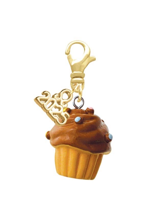 Resin Vanilla Cupcake with Chocolate Frosting - Gold-tone Clip on Charm with Mini Year 2025