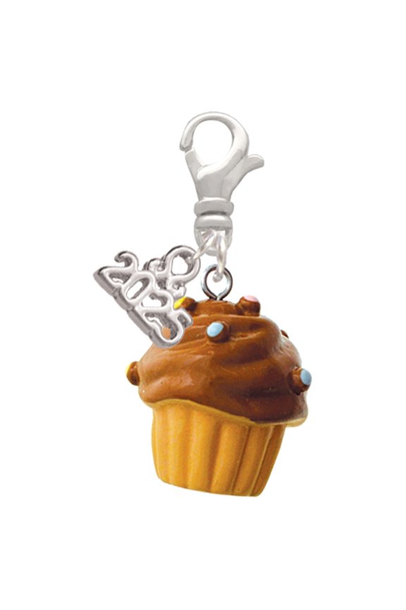 Resin Vanilla Cupcake with Chocolate Frosting - Silver-tone Clip on Charm with Mini Year 2025
