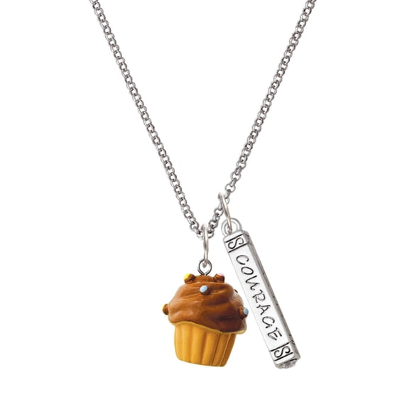 Delight Jewelry Resin Vanilla Cupcake with Chocolate Frosting Silvertone Courage Strength Wisdom Honesty Bar Charm Necklace, 23"