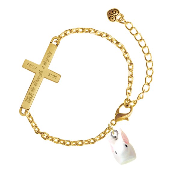 Delight Jewelry Resin White Big Ear Bunny - Gold Tone Proverbs 31:25 She is Clothed with Strength and Dignity Engraved Cross Charm Bracelet, 6.5+1.5" Extender