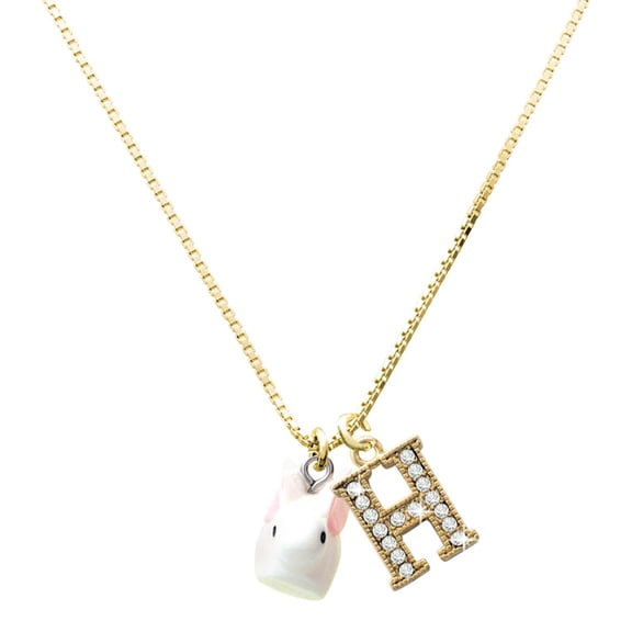 Delight Jewelry Resin White Big Ear Bunny - Large Goldtone Crystal Initial - H - Charm Necklace, 17.5"+2"