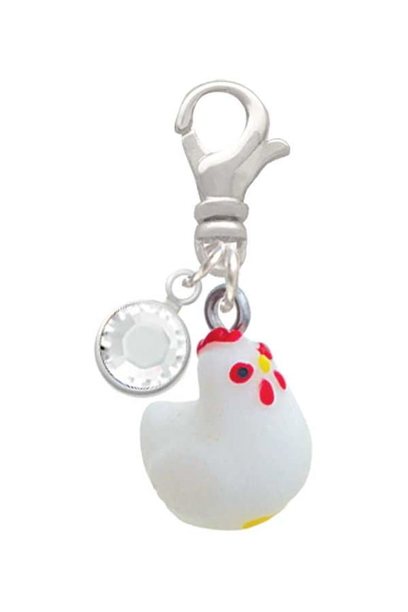 Resin White Chicken - Silvertone Clip on Charm with Clear Crystal Drop