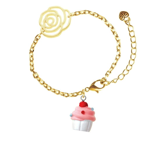 Delight Jewelry Resin White Cupcake with Pink Frosting Gold-tone Flower Link Chain Bracelet, 6.75"+2" Extender