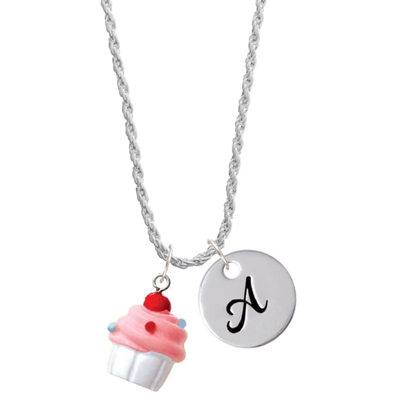 Delight Jewelry Resin White Cupcake with Pink Frosting Silvertone Script Initial Disc - A - Charm Necklace, 20"+3"