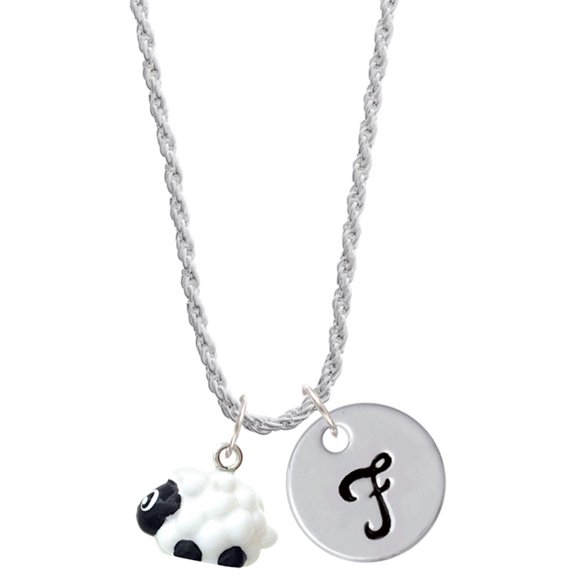 Delight Jewelry Resin White Lamb Silvertone Script Initial Disc - F - Charm Necklace, 20"+3"