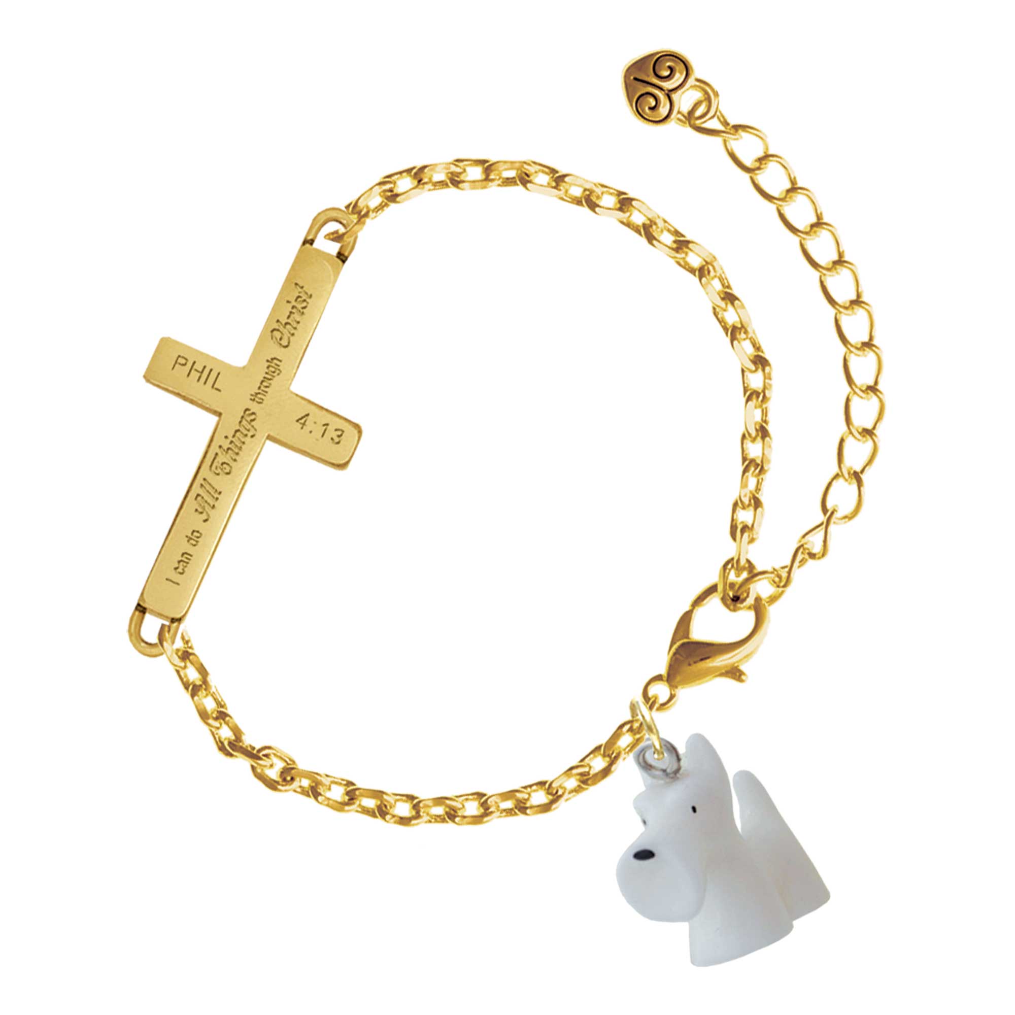 Delight Jewelry Resin White Scottie Dog - Gold Tone Philipians 4:13 I Do All Things Through Christ Engraved Cross Charm Bracelet, 6.5+1.5" Extender