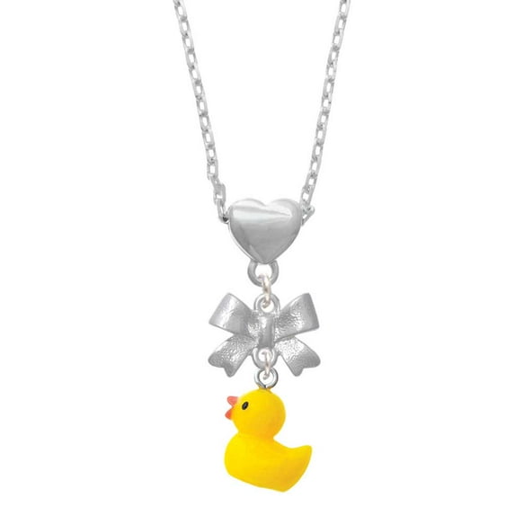 Delight Jewelry Resin Yellow Ducky Silver tone Bow Heart Necklace