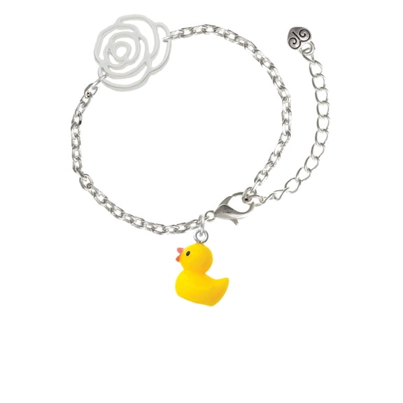 Delight Jewelry Resin Yellow Ducky Silver-tone Flower Link Chain Bracelet, 6.75"+2" Extender
