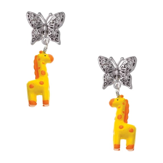 Delight Jewelry Resin Yellow Geronimo the Giraffe Silvertone Antiqued Butterfly Post Earrings