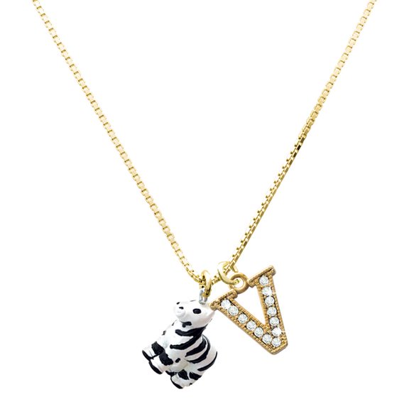 Delight Jewelry Resin Zebra - Large Goldtone Crystal Initial - V - Charm Necklace, 17.5"+2"