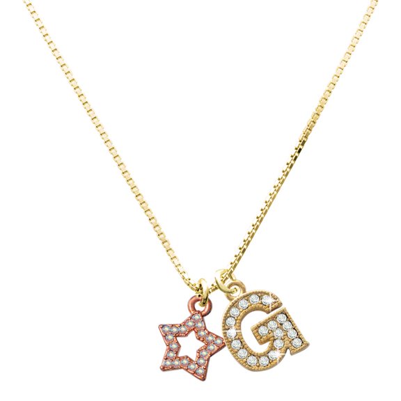 Delight Jewelry Rose Gold-tone AB Crystal Lucky Star and a Large Goldtone Crystal Initial G Charm Necklace, 17.5"+2"
