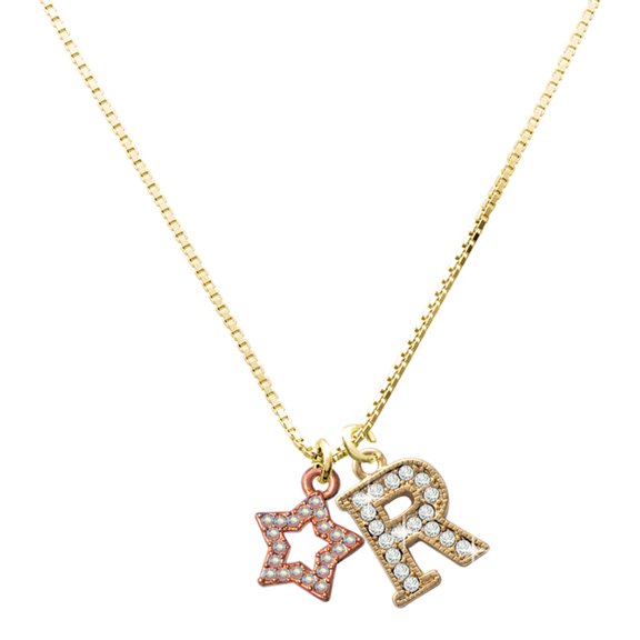 Delight Jewelry Rose Gold-tone AB Crystal Lucky Star - Large Goldtone Crystal Initial - R - Charm Necklace, 17.5"+2"
