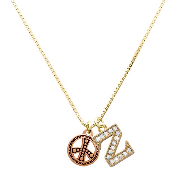 Delight Jewelry Rose Gold-tone Beaded Peace Sign - Large Goldtone Crystal Initial - Z - Charm Necklace, 17.5"+2"