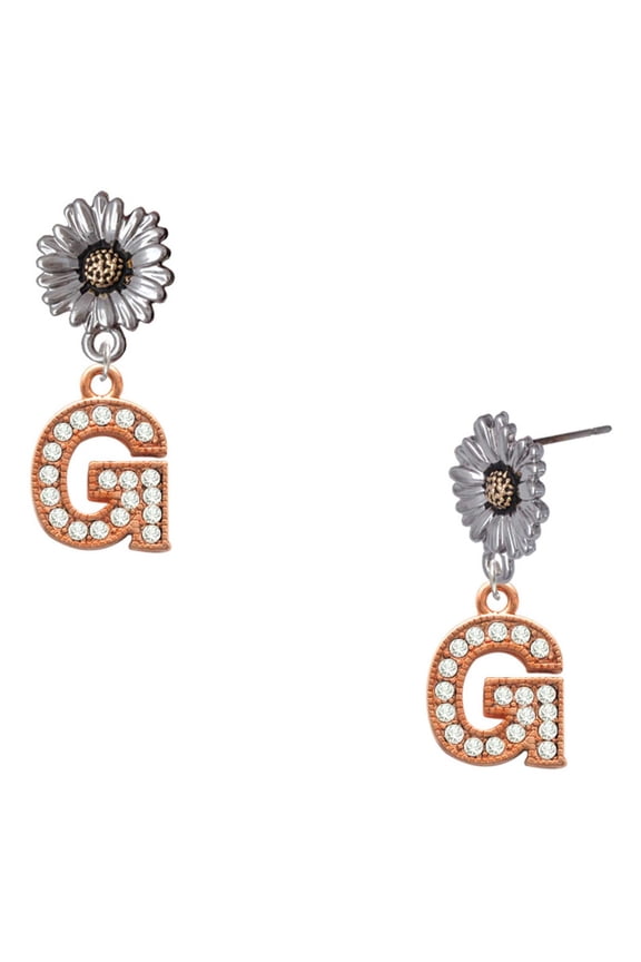 Rose Gold-tone Crystal Initial - G - Two-tone Daisy Flower Post Earrings