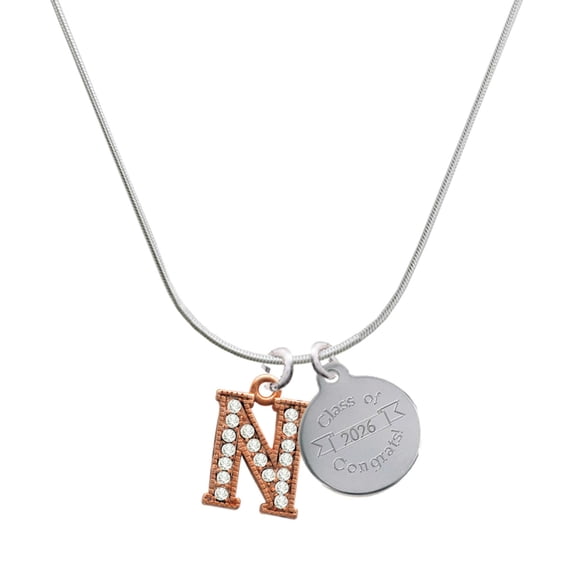 Delight Jewelry Rose Gold-tone Crystal Initial - N - Silvertone Engraved Congrats Class of 2026 Charm Necklace, 18"