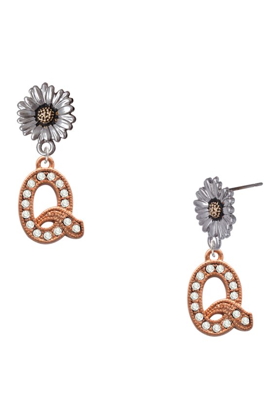 Rose Gold-tone Crystal Initial - Q - Two-tone Daisy Flower Post Earrings