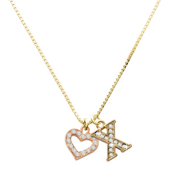 Delight Jewelry Rose Gold-tone Crystal Open Heart - Large Goldtone Crystal Initial - X - Charm Necklace, 17.5"+2"