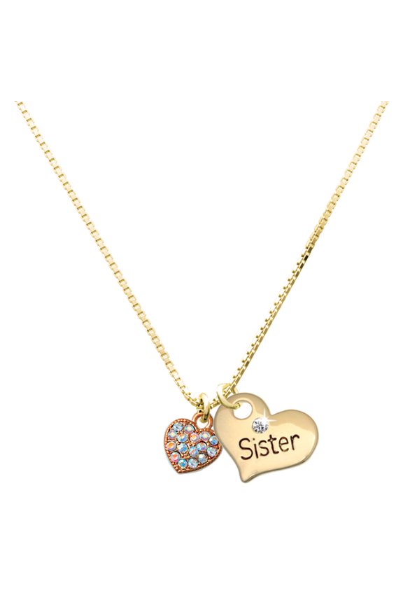 Rose Gold-tone Small Heart with Clear AB Crystals - Large Goldtone Sister Heart Charm Necklace, 17.5"+2" Extender