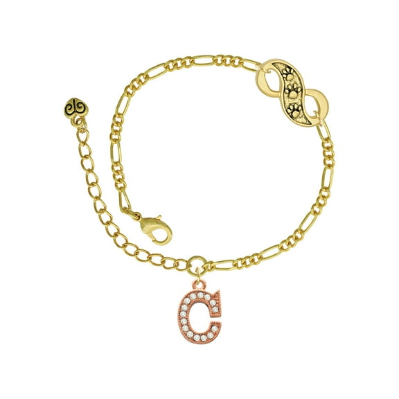 Delight Jewelry Rose Goldtone Crystal Initial - C - Gold-tone Paw Infinity Link Chain Bracelet, 6"+2" Extender